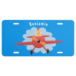 Cute bird flying red airplane cartoon illustration license plate