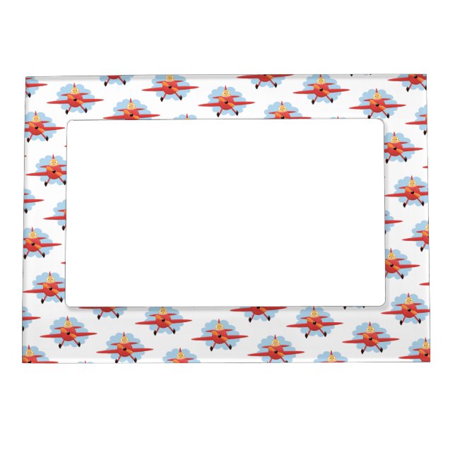 Cute bird flying red airplane cartoon illustration magnetic frame (Front)