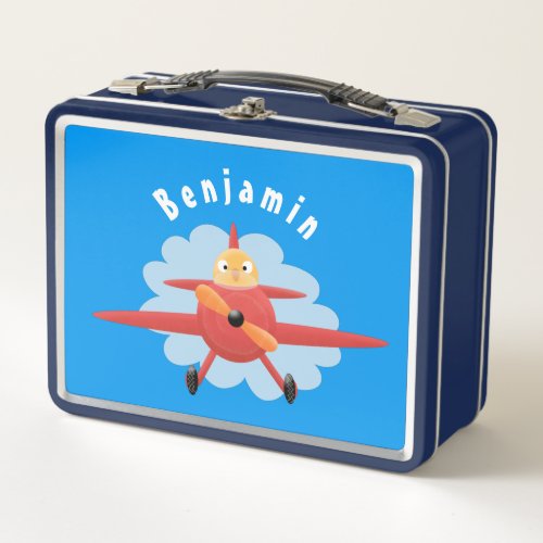 Cute bird flying red airplane cartoon illustration metal lunch box