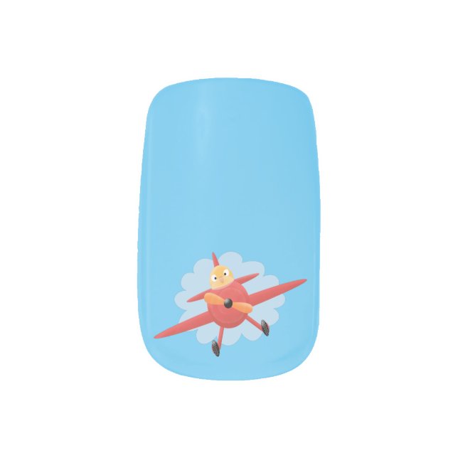 Cute bird flying red airplane cartoon illustration minx nail art (Left Thumb)
