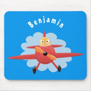 Cute bird flying red airplane cartoon illustration mouse pad