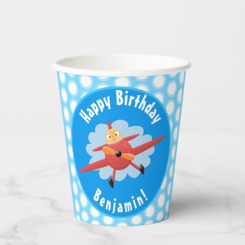 Cute bird flying red airplane cartoon illustration paper cups