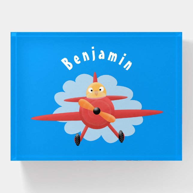 Cute bird flying red airplane cartoon illustration paperweight (Front)