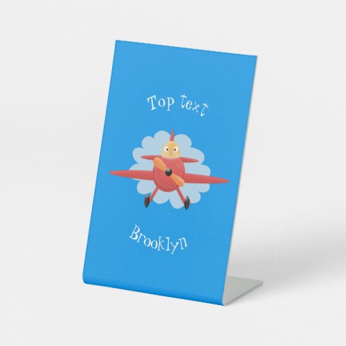 Cute bird flying red airplane cartoon illustration pedestal sign