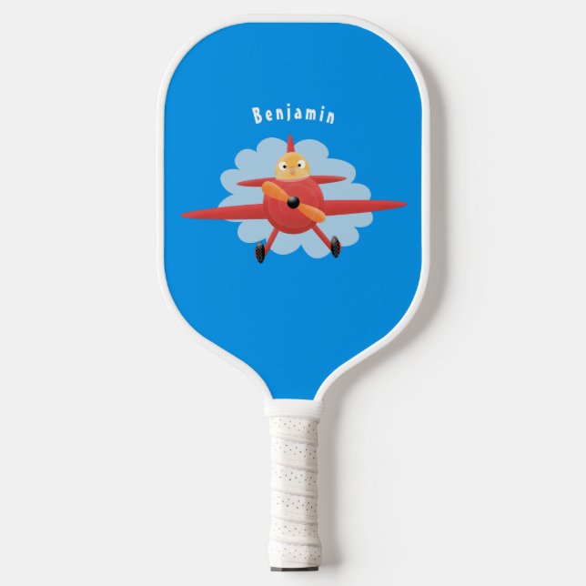 Cute bird flying red airplane cartoon illustration pickleball paddle (Front)