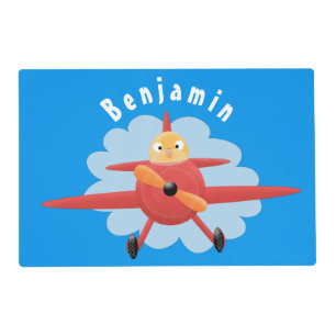 Cute bird flying red airplane cartoon illustration placemat
