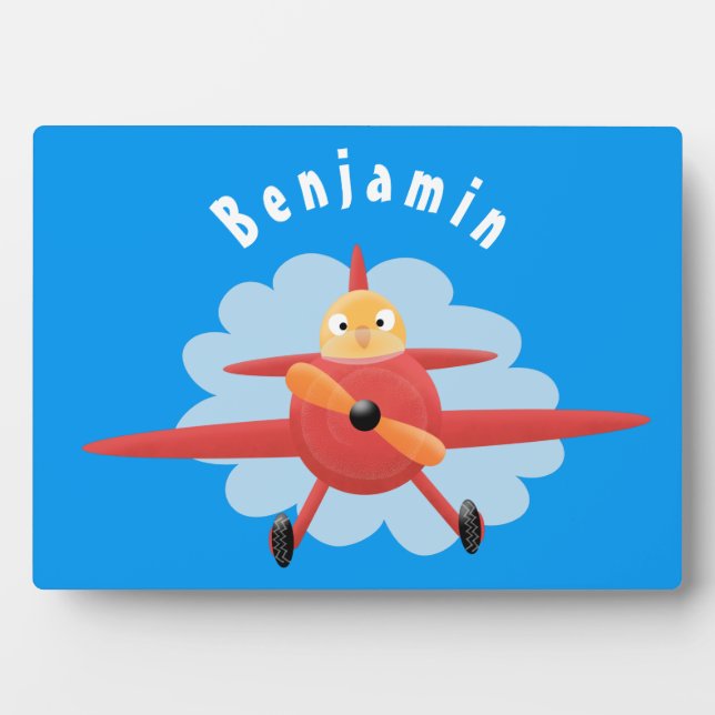 Cute bird flying red airplane cartoon illustration plaque (Front)