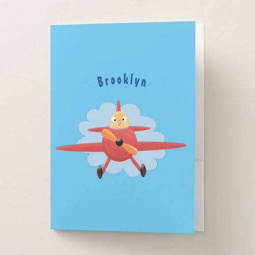 Cute bird flying red airplane cartoon illustration pocket folder