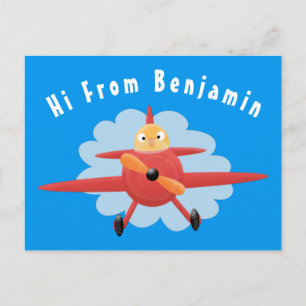 Cute bird flying red airplane cartoon illustration postcard