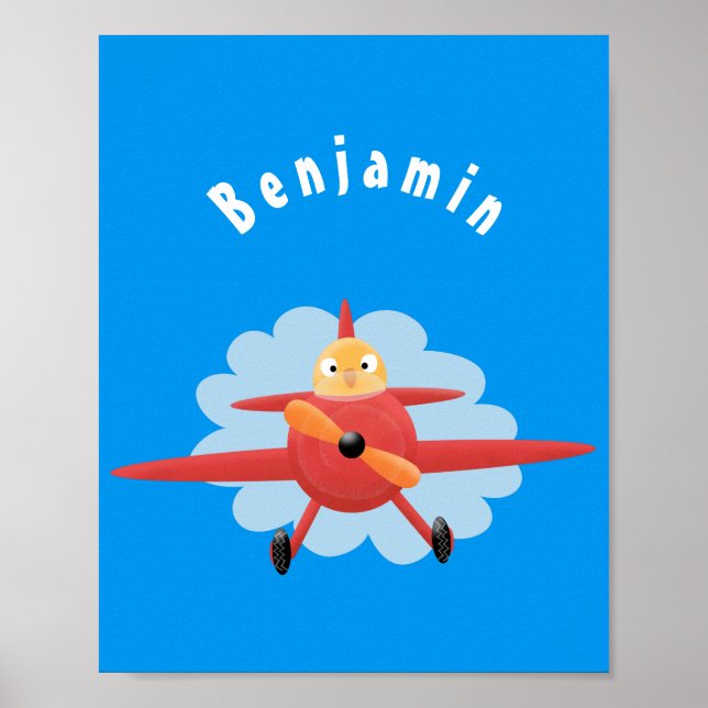 Cute bird flying red airplane cartoon illustration poster (Front)