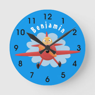 Cute bird flying red airplane cartoon illustration round clock