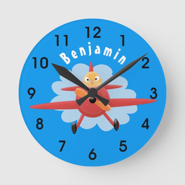 Cute bird flying red airplane cartoon illustration round clock (Front)
