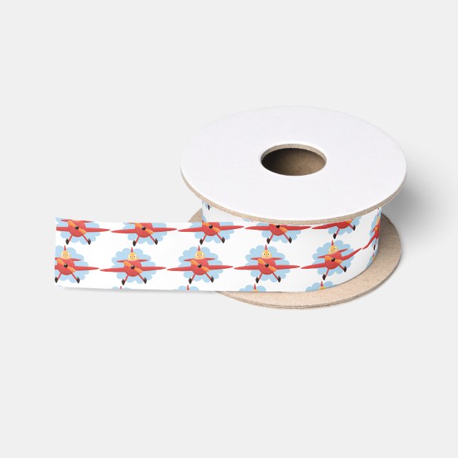 Cute bird flying red airplane cartoon illustration satin ribbon (Spool)
