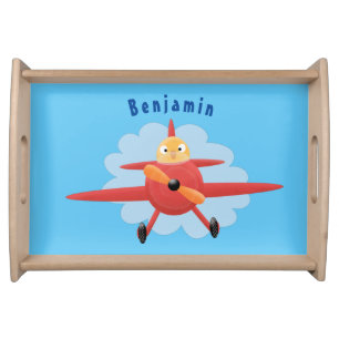 Cute bird flying red airplane cartoon illustration serving tray