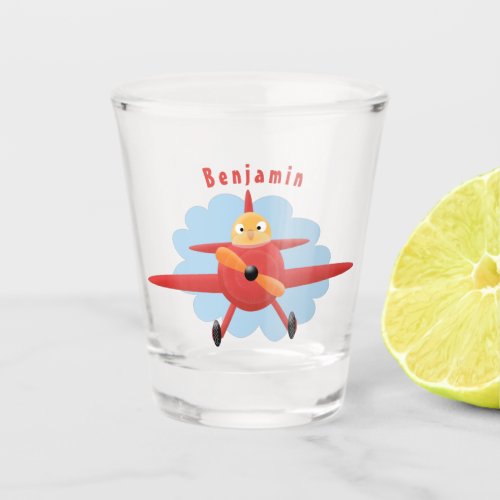 Cute bird flying red airplane cartoon illustration shot glass