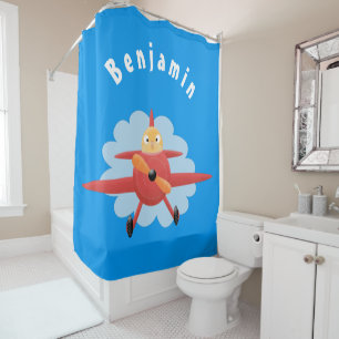 Cute bird flying red airplane cartoon illustration shower curtain
