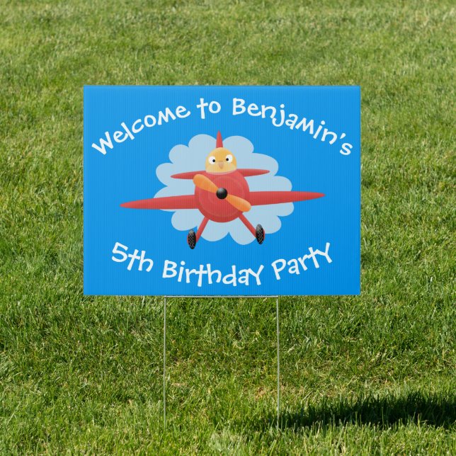 Cute bird flying red airplane cartoon illustration sign (Insitu)