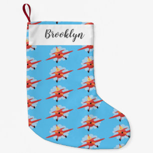 Cute bird flying red airplane cartoon illustration small christmas stocking