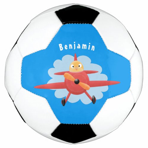 Cute bird flying red airplane cartoon illustration soccer ball