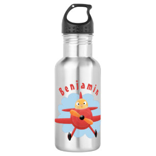 Cute bird flying red airplane cartoon illustration stainless steel water bottle