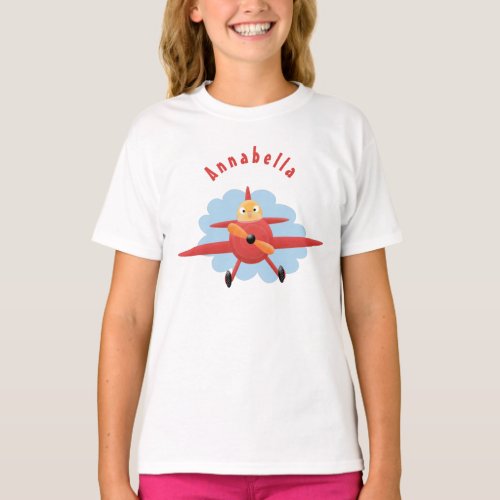 Cute bird flying red airplane cartoon illustration T_Shirt