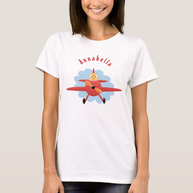 Cute bird flying red airplane cartoon illustration T-Shirt (Front)