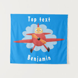 Cute bird flying red airplane cartoon illustration tapestry