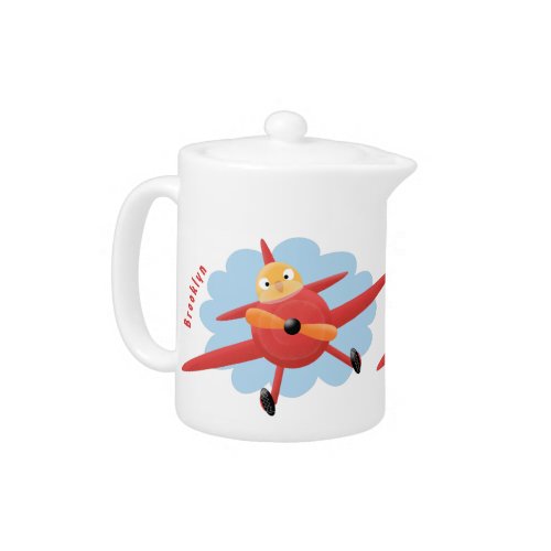 Cute bird flying red airplane cartoon illustration teapot