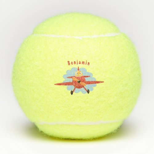 Cute bird flying red airplane cartoon illustration tennis balls