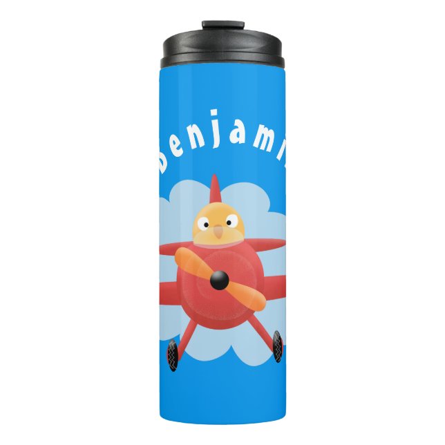 Cute bird flying red airplane cartoon illustration thermal tumbler (Front)