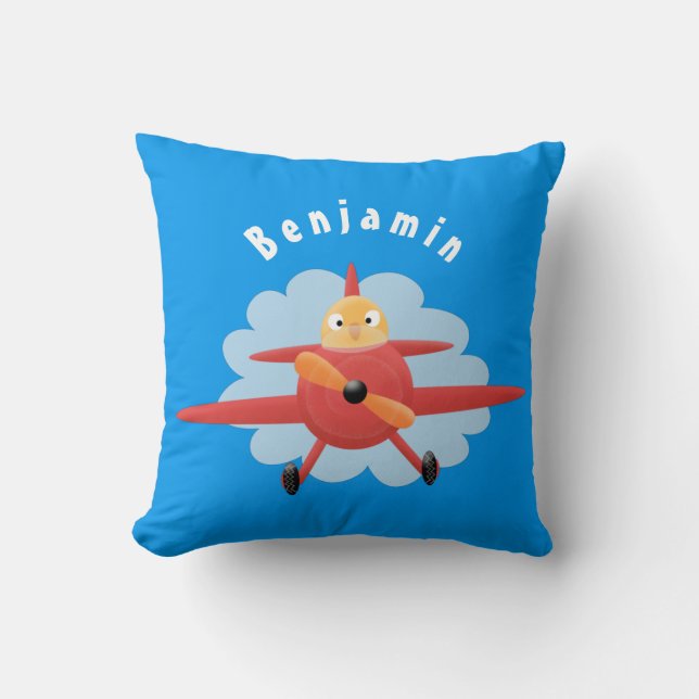 Cute bird flying red airplane cartoon illustration throw pillow (Front)