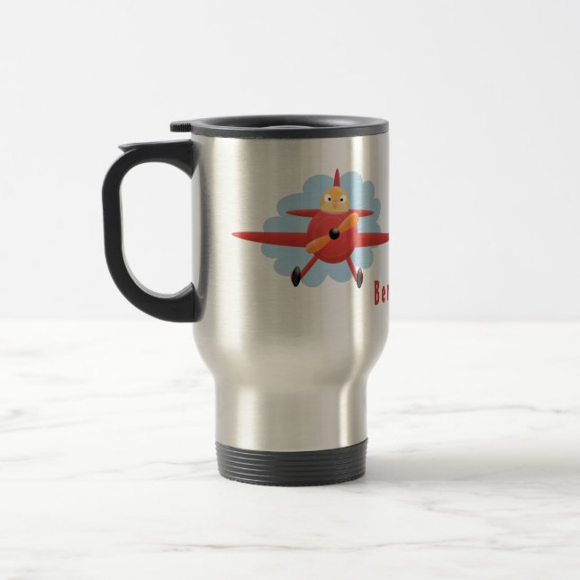 Cute bird flying red airplane cartoon illustration travel mug (Left)