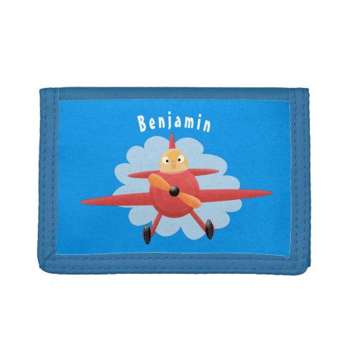 Cute bird flying red airplane cartoon illustration trifold wallet