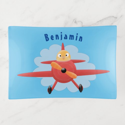 Cute bird flying red airplane cartoon illustration trinket tray