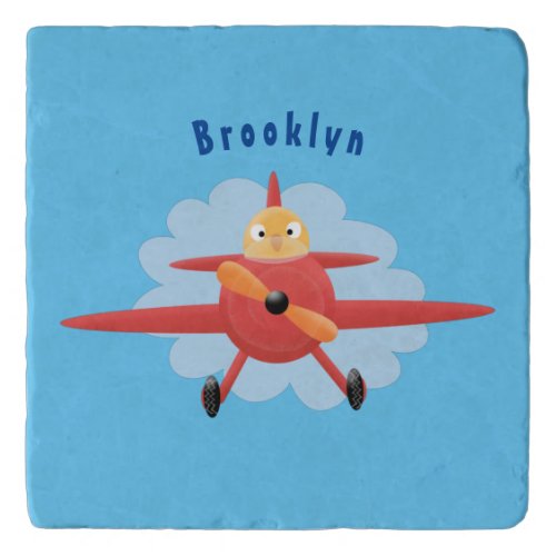 Cute bird flying red airplane cartoon illustration trivet