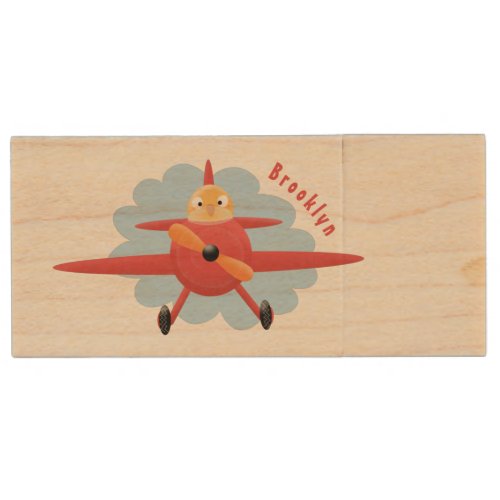 Cute bird flying red airplane cartoon illustration wood flash drive