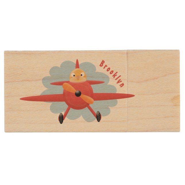 Cute bird flying red airplane cartoon illustration wood flash drive (Front)