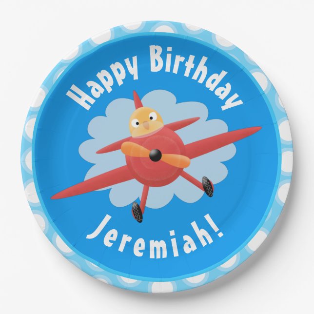 Cute bird flying red airplane cartoon personalized paper plates (Front)
