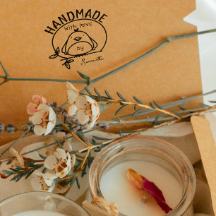 Cute Bird Handmade with Love by (custom name) Rubber Stamp