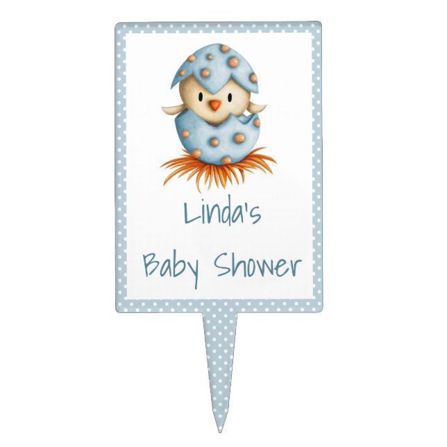 Cute Bird Hatching Blue Baby Shower Cake Topper (Front)