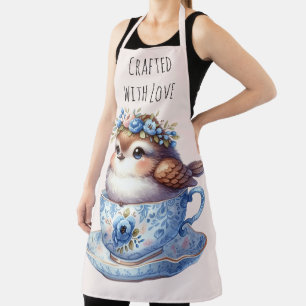 Cute Bird in Floral Teacup Cottagecore Art Apron