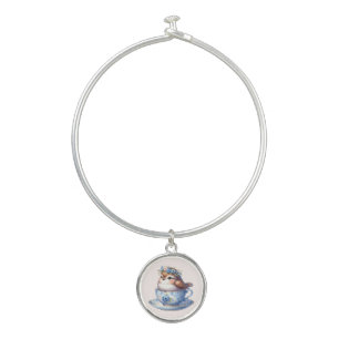 Cute Bird in Floral Teacup Cottagecore Art Bangle Bracelet