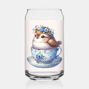 Cute Bird in Floral Teacup Cottagecore Art Can Glass