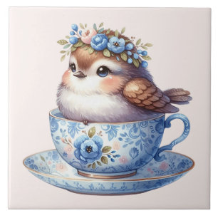 Cute Bird in Floral Teacup Cottagecore Art Ceramic Tile