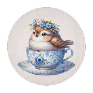 Cute Bird in Floral Teacup Cottagecore Art Cutting Board