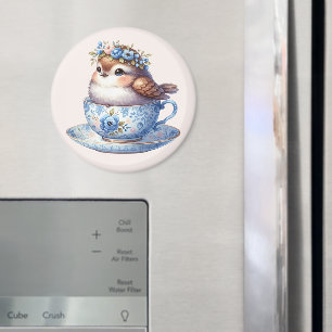 Cute Bird in Floral Teacup Cottagecore Art Magnet