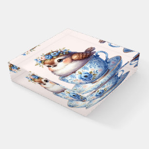 Cute Bird in Floral Teacup Cottagecore Art Paperweight