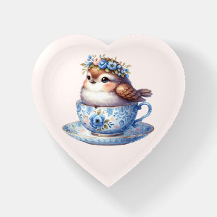 Cute Bird in Floral Teacup Cottagecore Art Paperweight