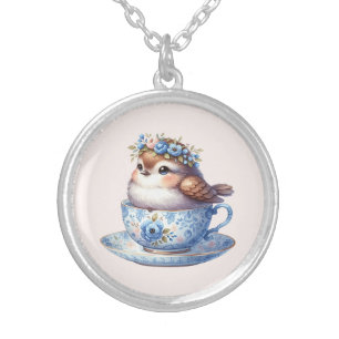 Cute Bird in Floral Teacup Cottagecore Art Silver Plated Necklace