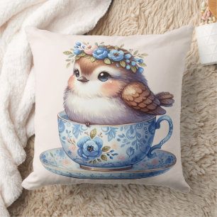 Cute Bird in Floral Teacup Cottagecore Art Throw Pillow